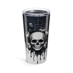 Gothic Floral Skull Tumbler 20oz, Halloween Drinkware, Edgy Gifts, Unique Coffee Cup, Dark Aesthetic Tumbler, Skull Art Travel Mug