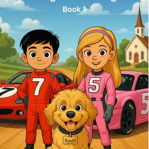 Może przedstawiać: Ilustracja okładki książki dla dzieci zatytułowanej "Chase and Grace: Racing in God's Light, Book 1." Obraz przedstawia dwoje dzieci w kombinezonach wyścigowych, złotego retrievera i dwa samochody wyścigowe. Tytuł książki znajduje się na górze.