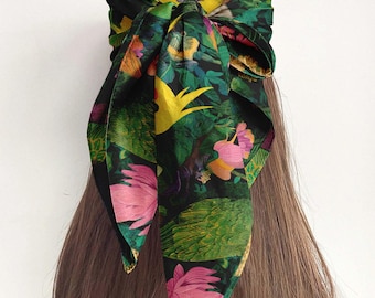 Silk Head Scarf, Printed Silk Hair Scarf, Square Silk Scarf for Women, Tropical Chorus, Elegant Hair Wrap Gift