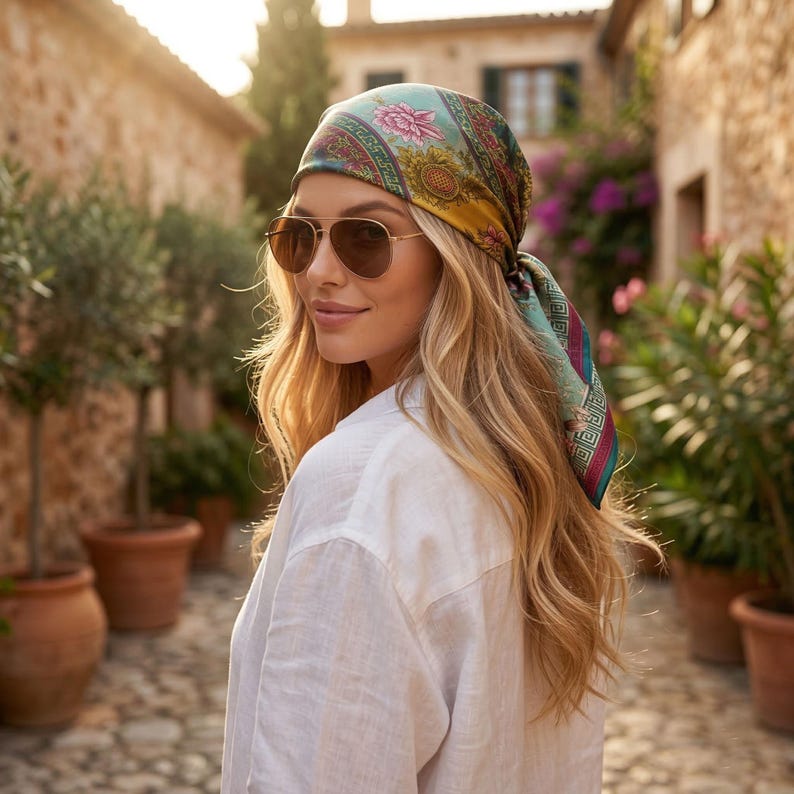 May include: A woman wearing a silk headscarf with a floral and geometric pattern in shades of teal, pink, and gold. She is also wearing gold-rimmed sunglasses and a white linen shirt. The background shows a cobblestone street and buildings.