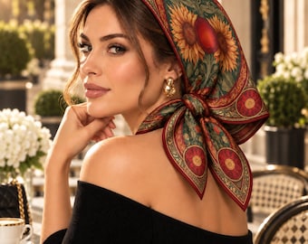 May include: A square headscarf featuring a dark green background with a vibrant sunflower and red circular floral pattern, tied under the chin. The scarf has a deep red border with intricate gold and red geometric details throughout the fabric.