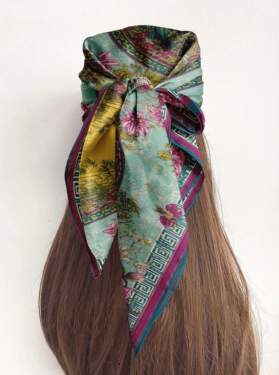 Silk Head Scarf, Printed Silk Hair Scarf, Square Silk Scarf for Women, Tranquil, Elegant Hair Wrap Gift