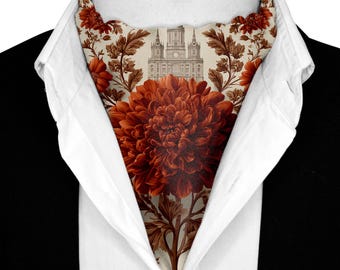 May include: A decorative ascot featuring a large, detailed red flower and a vintage architectural illustration. The ascot is set against a white shirt and black jacket, showcasing its intricate design and color palette.