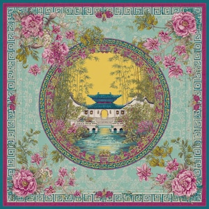 May include: Square silk scarf with a teal background and a central circular design featuring a pagoda, bamboo, and water. The design is framed by a floral border with pink peonies and a teal and magenta border.
