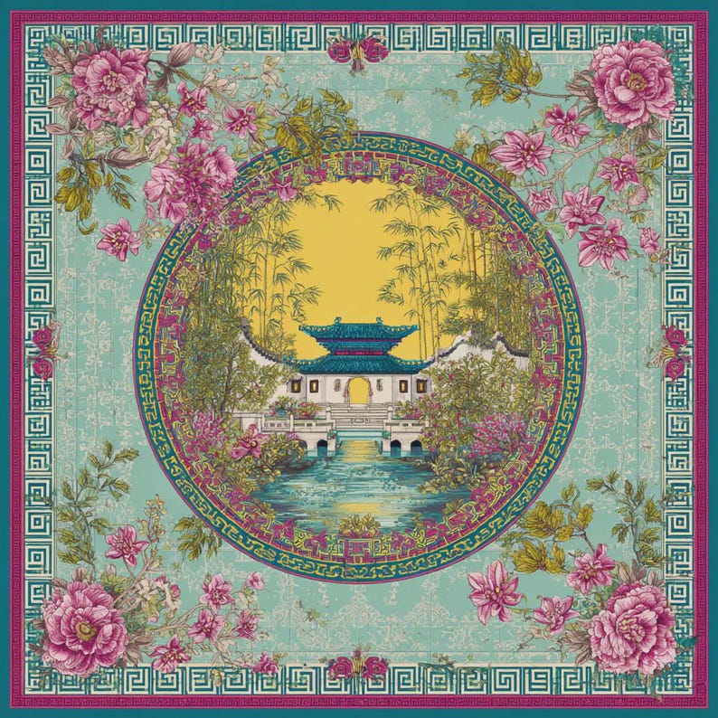 May include: Square silk scarf with a teal background and a central circular design featuring a pagoda, bamboo, and water. The design is framed by a floral border with pink peonies and a teal and magenta border.