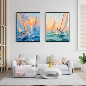 Sailboat Gallery Wall Art 4 models in one price – Nautical Coastal Prints – Vintage Sailing Decor – Ocean Boat Scene – Digital Downloads