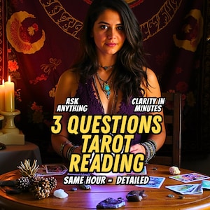 May include: A woman with dark hair and necklaces sits at a table with tarot cards. The image includes text that reads "Ask Anything", "Clarity in Minutes", "3 Questions Tarot Reading", and "Same Hour - Detailed".