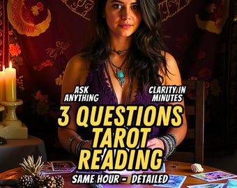 May include: A woman with long dark hair and multiple necklaces sits at a table with tarot cards. Text on the image reads "Ask Anything", "Clarity in Minutes", "3 Questions Tarot Reading", and "Same Hour - Detailed".
