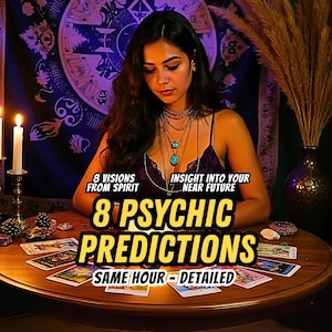 May include: A woman with long dark hair sits at a round wooden table with tarot cards. The text on the image reads "8 Psychic Predictions" and "Same Hour - Detailed". Candles and a vase with dried plants are also visible.