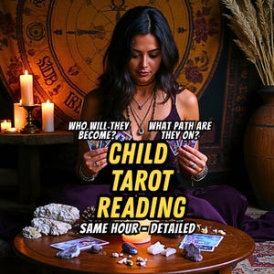 Può includere: Una persona con un vestito viola tiene in mano delle carte dei tarocchi. L'immagine include il testo "CHILD TAROT READING" e "SAME HOUR-DETAILED". Lo sfondo presenta candele, un tavolo e un arazzo decorativo.