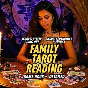 May include: A woman is seated at a wooden table with tarot cards, candles, and decorative items. The image has text that reads "WHAT'S REALLY GOING ON? SECRETS, DYNAMICS & ENERGY FAMILY TAROT READING SAME HOUR - DETAILED."