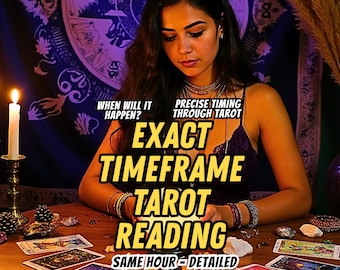 May include: A woman surrounded by tarot cards on a wooden table. The image includes text that reads: "WHEN WILL IT HAPPEN? PRECISE TIMING THROUGH TAROT EXACT TIMEFRAME TAROT READING SAME HOUR - DETAILED."