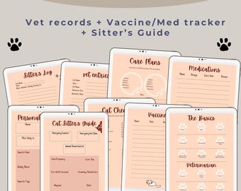 May include: A digital cat health planner with various pages for vet records, vaccine tracking, and a sitter's guide. The planner includes sections for care plans, medications, and personal information. The text "Instant Download" is visible.