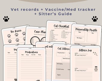Digital Cat Planner | Pet Parent Log + Sitter Guide | Printable Vet and medication tracker + health journal | Cream color