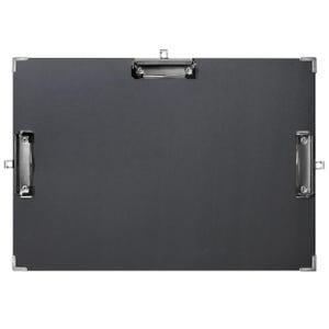 May include: A rectangular black clipboard with three metal clips and silver corner protectors. The clips are located at the top and on the left and right sides. The clipboard is designed to hold paper or documents.