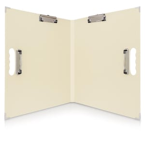 May include: Cream-coloured, open clipboard folder with two metal clipboards and two handle cutouts. The folder has a simple design with metal corner protectors. The clipboard is designed to hold documents.