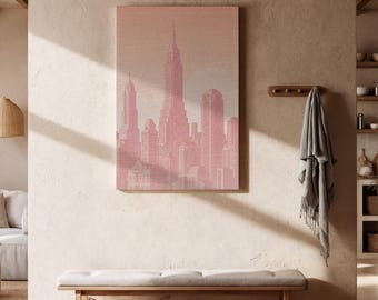 Lienzo de pared con horizonte urbano en rosa ruborizado, decoración urbana minimalista para espacios modernos, impresión arquitectónica en tonos pastel suaves, regalo de ensueño.