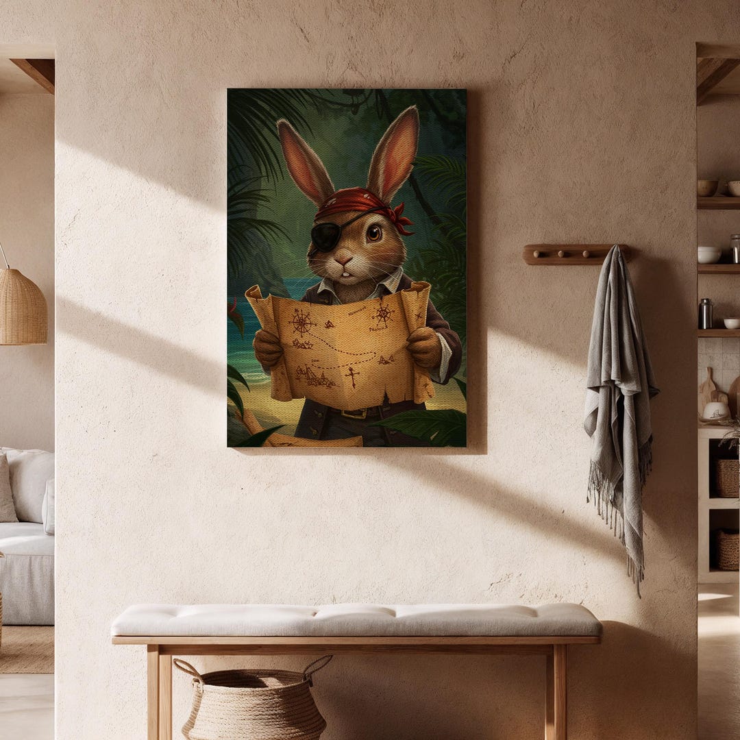 Pirate Bunny Canvas Art, Rabbit With Treasure Map and Eyepatch in ...