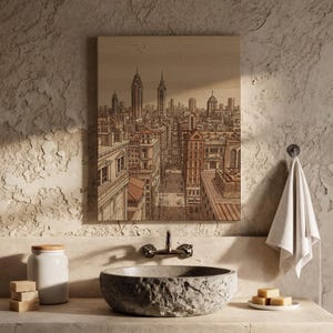 Vintage Cityscape Canvas Wall Art, Sepia Urban Skyline Illustration with Skyscrapers and Streets, Architectural Print for Loft, Office Decor