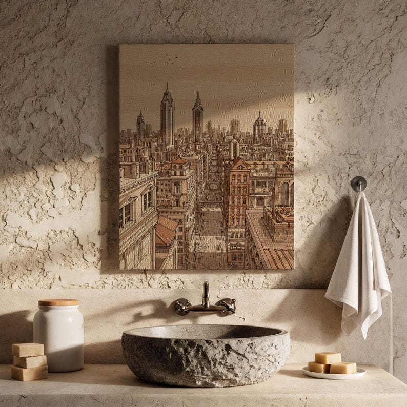 Vintage Cityscape Canvas Wall Art, Sepia Urban Skyline Illustration with Skyscrapers and Streets, Architectural Print for Loft, Office Decor