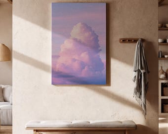 Lienzo decorativo Torre de Nubes Rosadas, Cielo de Atardecer de Ensueño en Suaves Tonos Pastel, Regalo Enmarcado para Interiores Tranquilos, Amantes de las Nubes o Espacios Serenos