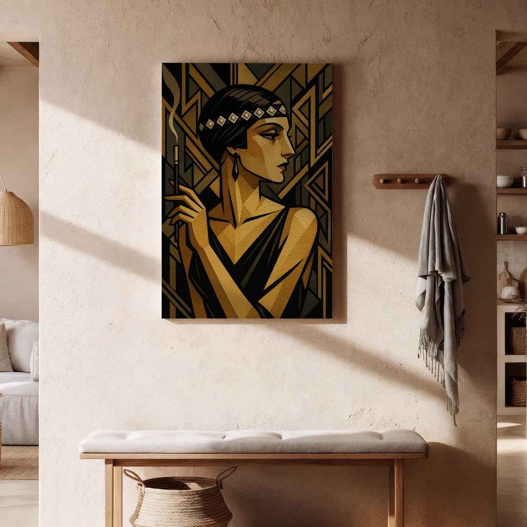 Art Deco Woman Canvas Wall Art, 1920s Flapper Portrait in Black and ...