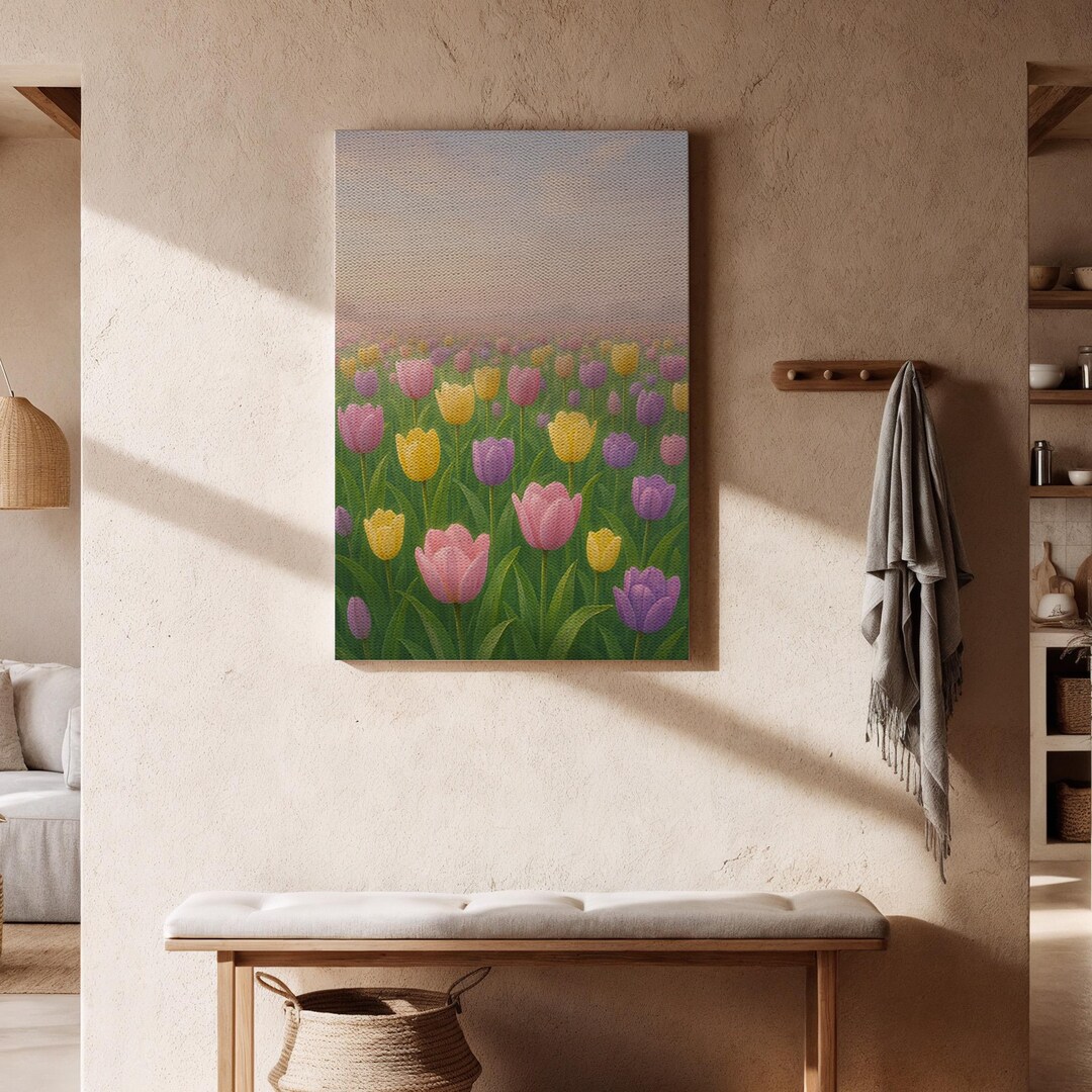 Tulip Field Canvas Wall Art, Pastel Spring Flower Meadow Print in Pink ...