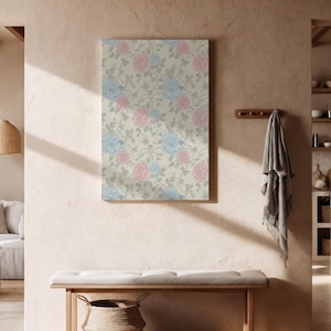 Pastel Floral Pattern Canvas Art, Blue and Pink Vintage Roses on Beige Background, Soft Romantic Decor for Shabby Chic or Cottagecore Homes