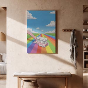 May include: A vibrant canvas print shows a pink toothbrush scrubbing a rainbow road against a blue sky with clouds. The toothbrush has white bristles and a foamy substance. The artwork has a whimsical and surreal theme.