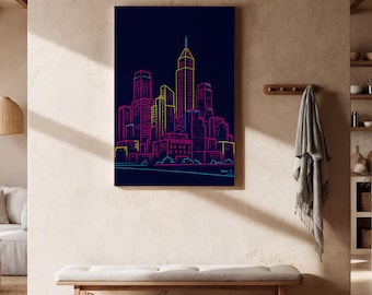 Neon Cityscape Canvas Wall Art, Vibrant Line Art Skyline in Pink Yellow and Blue, Futuristic Night Scene, Modern Framed Urban Decor Gift