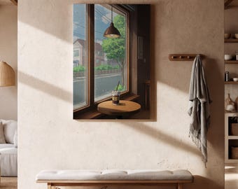 Lienzo decorativo para pared con diseño de cafetería acogedora, impresión de cafetería estilo anime, arte minimalista y apacible para un hogar tranquilo, pieza decorativa enmarcada para regalar.
