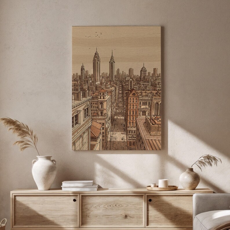 Vintage Cityscape Canvas Wall Art, Sepia Urban Skyline Illustration with Skyscrapers and Streets, Architectural Print for Loft, Office Decor