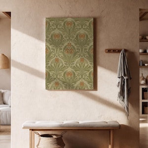 Vintage Green Floral Canvas Wall Art, Ornate Botanical Pattern Print, Antique Tapestry Style, Framed Gift for Classic Home Aesthetic