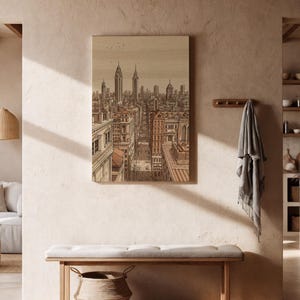 Vintage Cityscape Canvas Wall Art, Sepia Urban Skyline Illustration with Skyscrapers and Streets, Architectural Print for Loft, Office Decor
