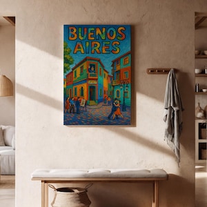 Buenos Aires Street Canvas Wall Art, Colorful La Boca Neighborhood Print, Dancing Couple Argentina Decor, Framed Travel Gift for Art Lovers