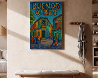 Lienzo mural de una calle de Buenos Aires, impresión colorida del barrio de La Boca, decoración argentina de pareja bailando, regalo de viaje enmarcado para amantes del arte.
