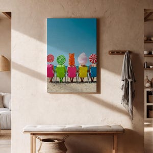 Colorful Candy Beach Art Print, Whimsical Summer Wall Decor with Lollipop and Gummy Bear Heads, Fun Pop Art Canvas for Kitchen or Kids