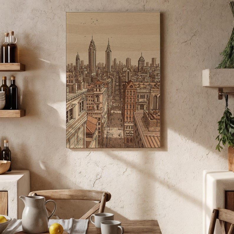 Vintage Cityscape Canvas Wall Art, Sepia Urban Skyline Illustration with Skyscrapers and Streets, Architectural Print for Loft, Office Decor