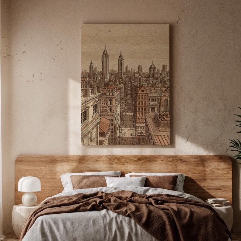 Vintage Cityscape Canvas Wall Art, Sepia Urban Skyline Illustration with Skyscrapers and Streets, Architectural Print for Loft, Office Decor