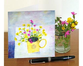 Buttercups in a yellow mug, greetings card from an original flower wildflower painting of buttercups and campion