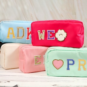 Custom XL Nylon Pouch, Personalized Chenille Patch Makeup Bag, Travel Toiletry Bags, Cosmetic bag, Gift Pouch, Bridesmaid Gift