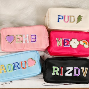 Custom Large Nylon Pouch, Personalized Chenille Patch Makeup Bag, Travel Toiletry Bags, Cosmetic bag, Gift Pouch, Bridesmaid Gift Sewn on