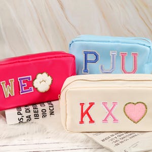 Custom Large Nylon Pouch, Personalized Chenille Patch Makeup Bag, Travel Toiletry Bags, Cosmetic bag, Gift Pouch, Bridesmaid Gift Sewn on