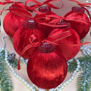Red Velvet Christmas Ornaments Set of 6,  Handmade Holiday Baubles with Satin Bows and Rhinestones, Elegant Tree Decor