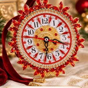 Könnte beinhalten: Eine runde Wanduhr mit weißem Zifferblatt und schwarzen arabischen Ziffern, umgeben von einem dekorativen Rand aus roten facettierten Kristallen. Die Mitte hat ein goldenes Filigranmuster mit roten Perlen. Ein rotes Samtband ist befestigt. Text: Can be made in any color.
