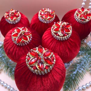 Red Velvet Christmas Ornaments: Rhinestone & Gold Filigree, Set of 6