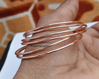 Rose Gold Plated Sterling Silver Bangles - Set of 6 Minimalist Stacking Bracelets