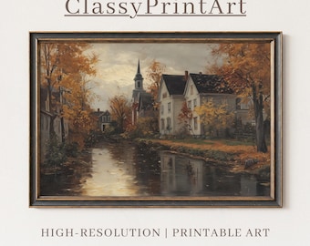 May include: Framed landscape art print featuring a serene river scene with buildings and trees in autumn colors. The artwork has a vintage aesthetic, with the text "ClassyPrintArt" at the top and "HIGH-RESOLUTION | PRINTABLE ART" at the bottom.