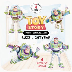 Puede incluir: Ilustraciones en acuarela de Buzz Lightyear de Toy Story en cuatro poses diferentes. Las imágenes incluyen el texto "TOY STORY", "BUZZ LIGHTYEAR" y "4 DIFFERENT ANGLES". Las ilustraciones están en formato PNG y son para uso comercial.