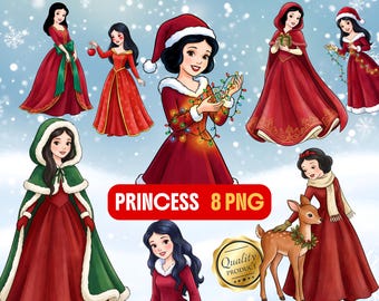 May include: Digital illustrations of a princess in various poses, dressed in red gowns and Christmas attire. Some images include a green cape, a deer, and Christmas lights. The text "PRINCESS 8 PNG" is visible.